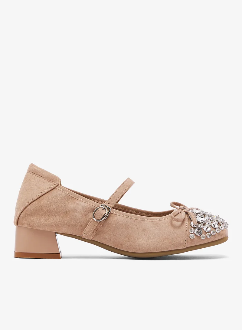 Rhinestone Detail Embellished Ballet Mid Heel With Strap